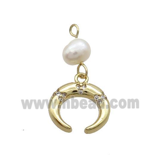 Copper Crescent Pendant Pave Zircon With Pearl Gold Plated