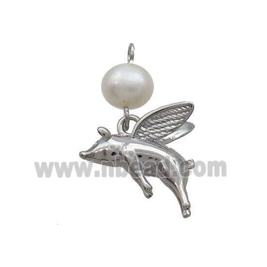 Copper Pig Charm Pendant With Pearl Platinum Plated