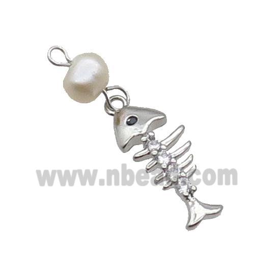 Copper Fishbone Pendant With Pearl Platinum Plated