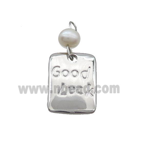 Copper Rectangle Pendant With Pearl Good Luck Platinum Plated