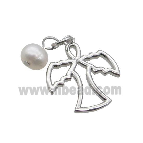 Copper Angel Pendant With Pearl Platinum Plated