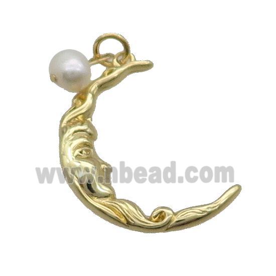 Copper Moon Charm Pendant With Pearl Gold Plated