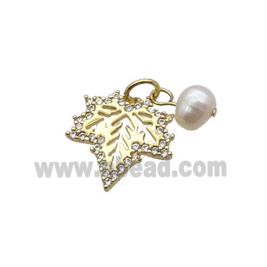 Copper Maple Leaf Pendant Pave Zircon With Pearl Gold Plated