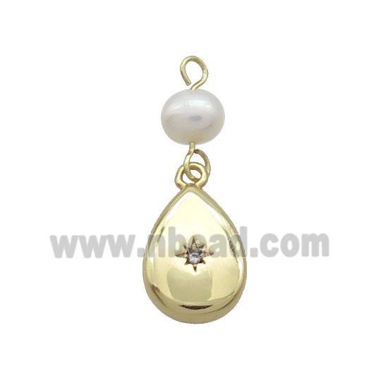 Copper Teardrop Pendant Pave Zircon With Pearl Gold Plated