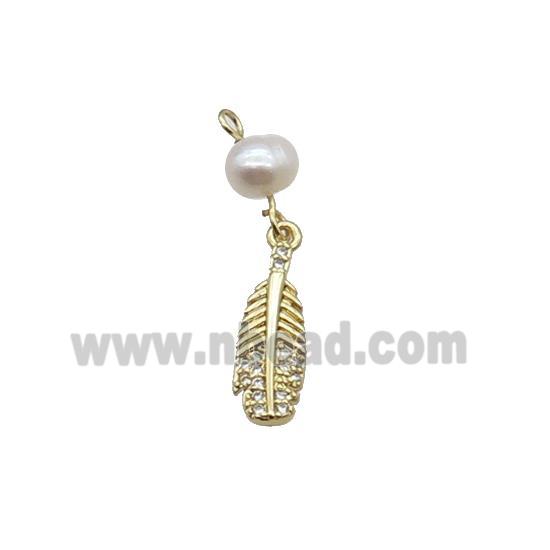 Copper Feather Pendant Pave Zircon With Pearl Gold Plated