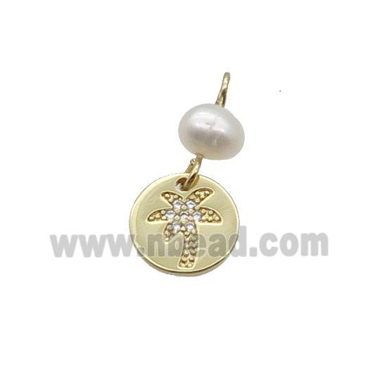 Copper Coconut Tree Pendant Pave Zircon With Pearl Gold Plated
