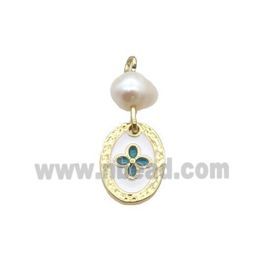 Copper Flower Pendant With Pearl White Enamel Oval Gold Plated