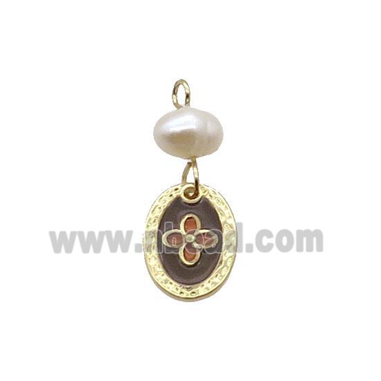 Copper Flower Pendant With Pearl Enamel Oval Gold Plated
