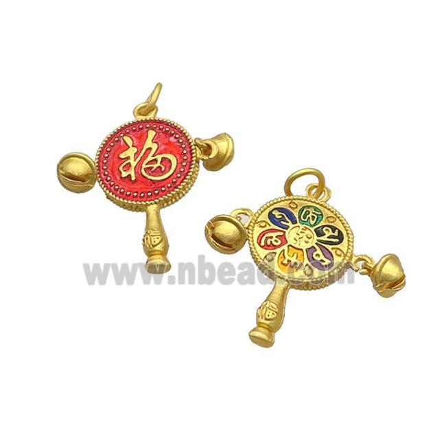 Copper Pendant Enamel Chinese Bell Gold Plated