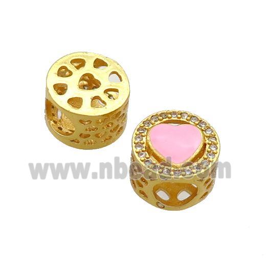 Copper Butter Beads Pave Zircon Pink Enamel Heart Large Hole Gold Plated