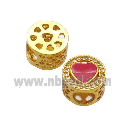 Copper Butter Beads Pave Zircon Red Enamel Heart Large Hole Gold Plated