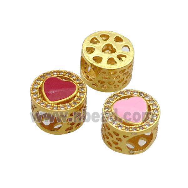 Copper Butter Beads Pave Zircon Mix Enamel Heart Large Hole Gold Plated