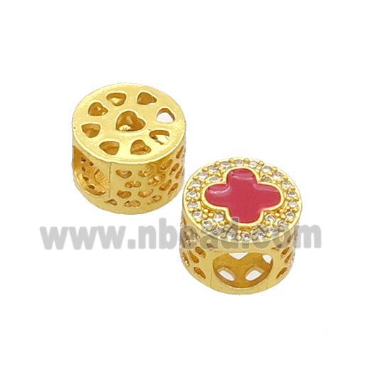 Copper Butter Beads Pave Zircon Red Enamel Cross Large Hole Gold Plated