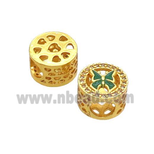 Copper Butter Beads Pave Zircon Green Enamel Butterfly Large Hole Gold Plated