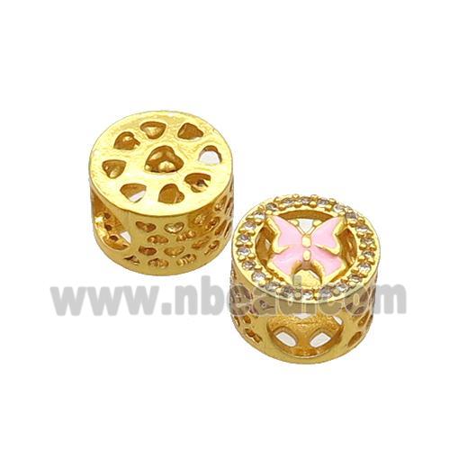 Copper Butter Beads Pave Zircon Pink Enamel Butterfly Large Hole Gold Plated