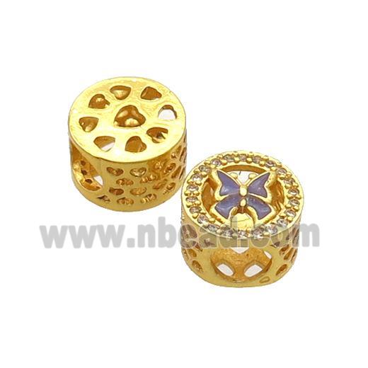 Copper Butter Beads Pave Zircon Purple Enamel Butterfly Large Hole Gold Plated