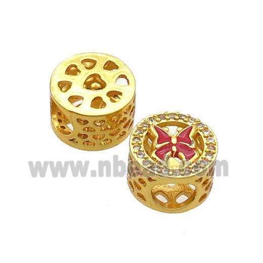 Copper Butter Beads Pave Zircon Red Enamel Butterfly Large Hole Gold Plated