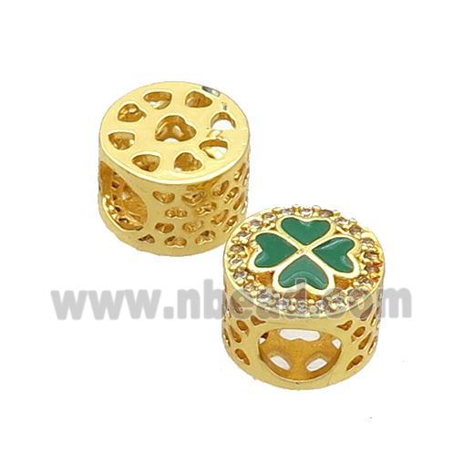 Copper Butter Beads Pave Zircon Green Enamel Clover Large Hole Gold Plated