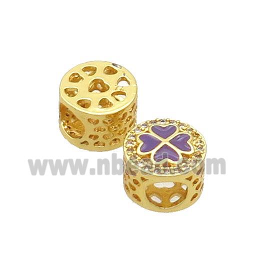Copper Butter Beads Pave Zircon Purple Enamel Clover Large Hole Gold Plated