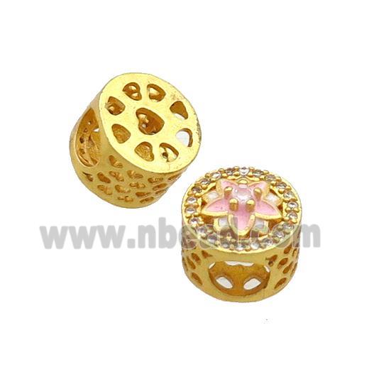 Copper Butter Beads Pave Zircon Pink Enamel Flower Large Hole Gold Plated