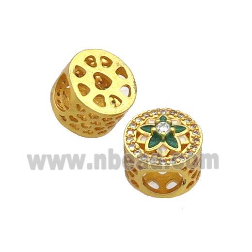 Copper Butter Beads Pave Zircon Green Enamel Flower Large Hole Gold Plated