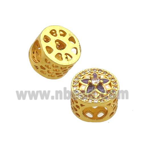Copper Butter Beads Pave Zircon Purple Enamel Flower Large Hole Gold Plated