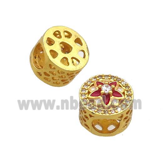 Copper Butter Beads Pave Zircon Red Enamel Flower Large Hole Gold Plated