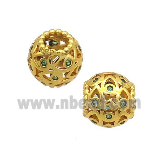 Copper Round Beads Pave Green Zircon Large Hole Gold Plated