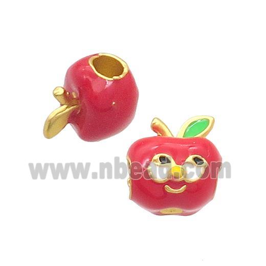 Alloy Apple Beads Red Enamel Large Hole Gold Plated