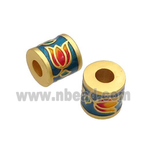 Copper Tube Beads Teal Enamel Lotus Large Hole Unfade Gold Plated