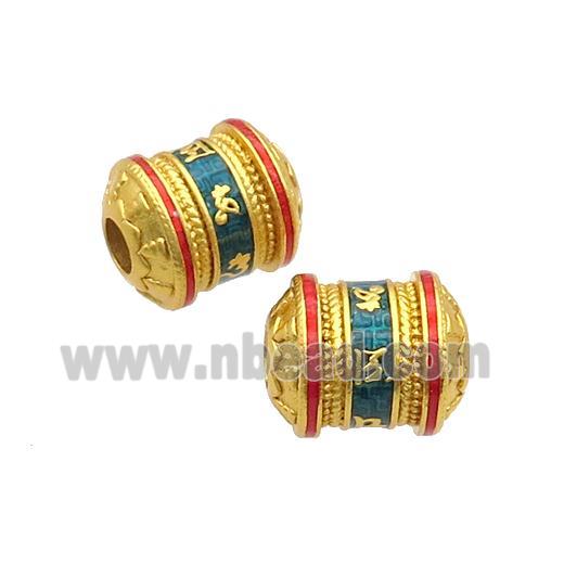 Copper Tube Beads Teal Enamel Buddhist Large Hole Unfade Gold Plated
