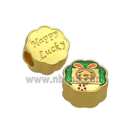 Copper Button Circle Beads Rabbit Green Enamel Large Hole Unfade Gold Plated