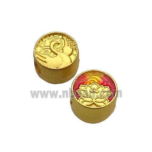 Copper Button Circle Beads Lotus Red Enamel Large Hole Unfade Gold Plated