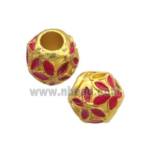 Copper Round Beads Red Enamel Flower Large Hole Unfade Gold Plated