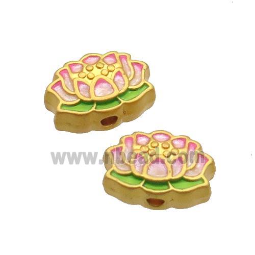 Copper Lotus Beads Pink Enamel Unfade Gold Plated