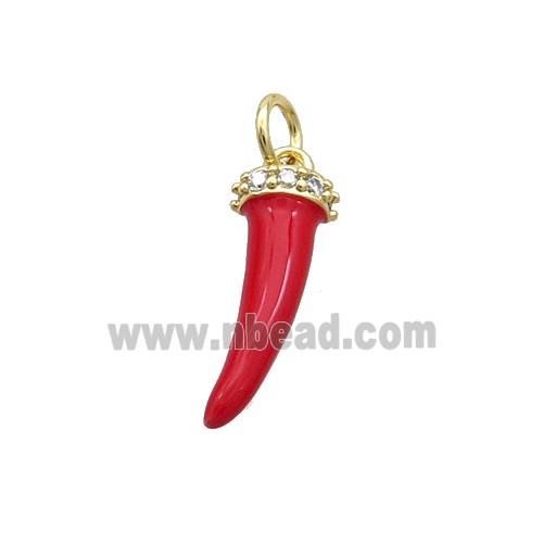 Copper Horn Pendant Red Enamel Chili Gold Plated