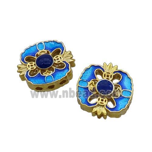 Copper Cloisonne Beads Square Blue 3holes Gold Plated