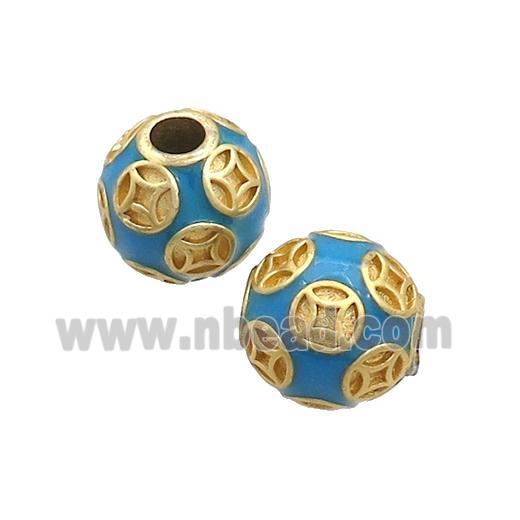 Copper Round Beads Blue Enamel Large Hole Gold Plated