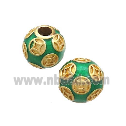 Copper Round Beads Green Enamel Large Hole Gold Plated