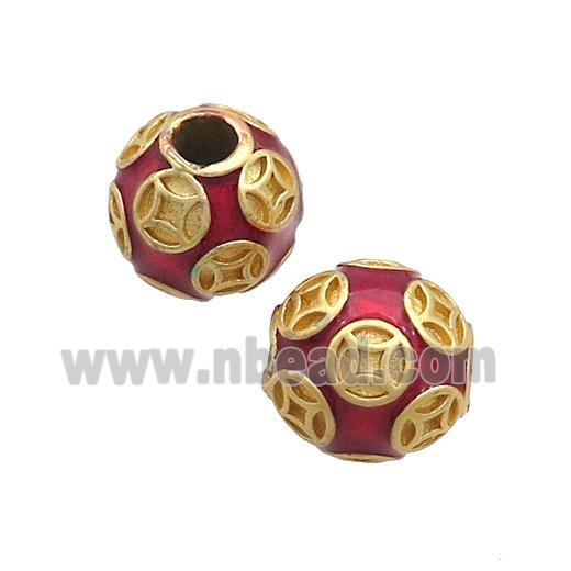 Copper Round Beads Red Enamel Large Hole Gold Plated