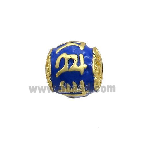 Tibetan Style Copper Round Beads Blue Enamel Large Hole Gold Plated