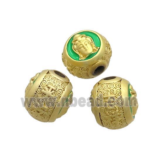 Copper Buddha Beads Green Enamel Large Hole Gold Plated