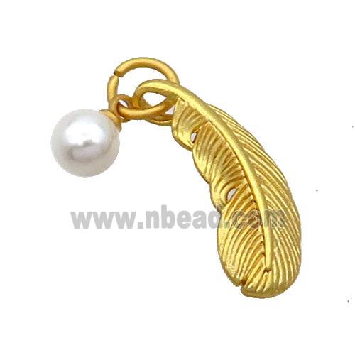 Copper Feather Pendant With Pearlized Plastic 18K Gold Plated