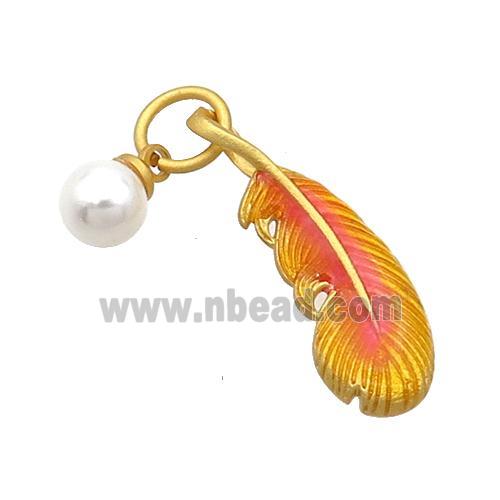Copper Feather Pendant With Pearlized Plastic Orange Cloisonne 18K Gold Plated