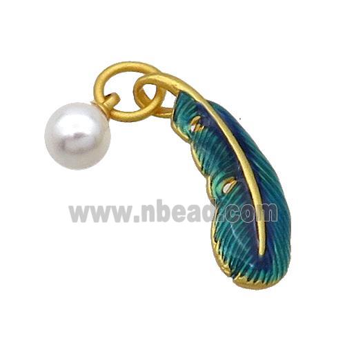 Copper Feather Pendant With Pearlized Plastic Peacockgreen Cloisonne 18K Gold Plated