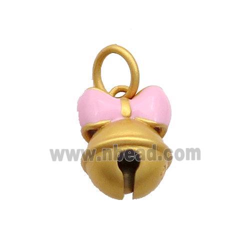 Copper Bell Pendant Pink Enamel Bowknot 18K Gold Plated