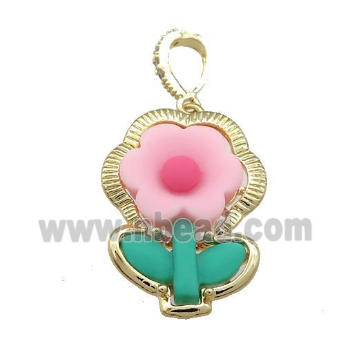Pink Resin Flower Pendant Gold Plated