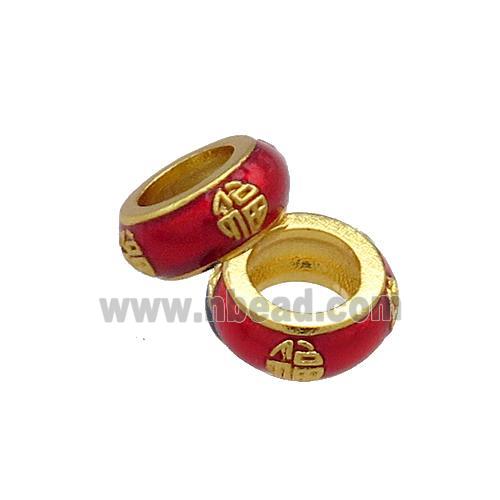 Copper Rondelle Beads Red Cloisonne Large Hole 18K Gold Plated