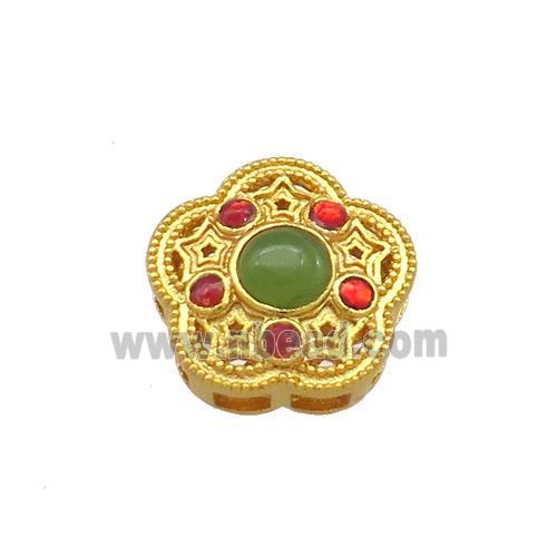 Copper Flower Beads Pave Jadeite Glass 18K Gold Plated