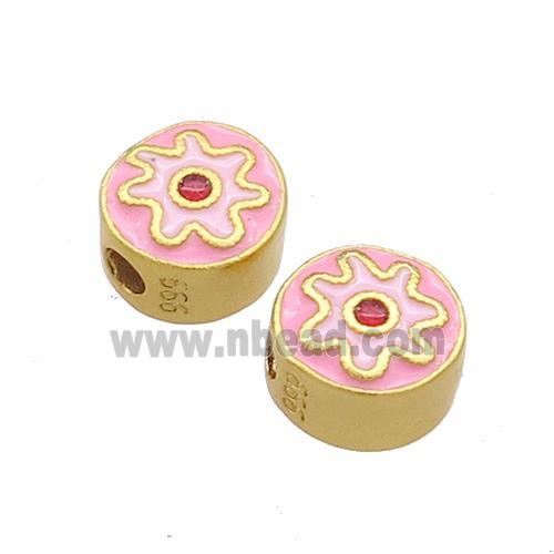 Copper Coin Beads Pink Enamel 18K Gold Plated